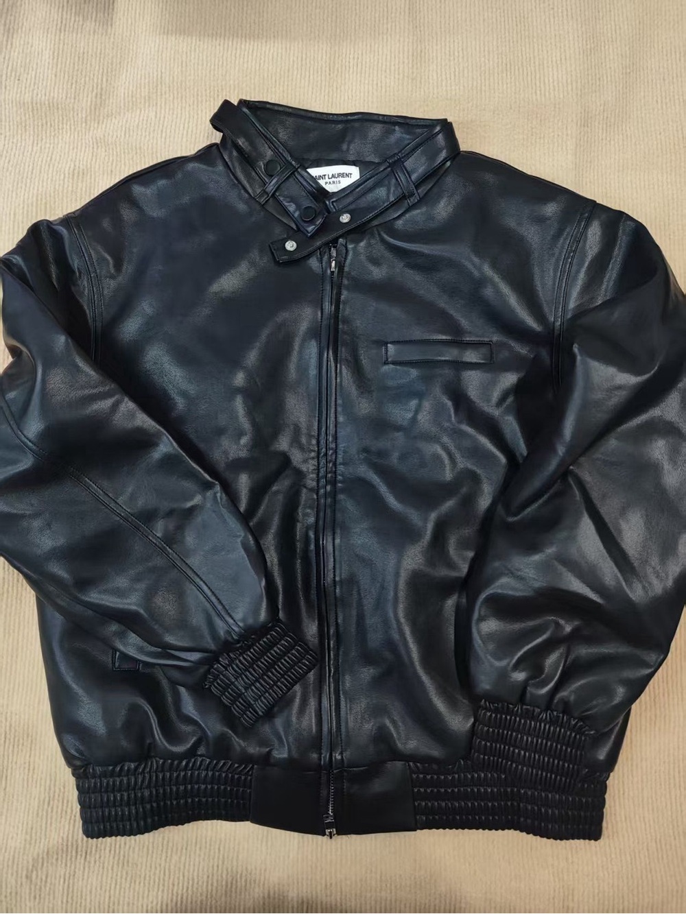 🌹Saint Laurent Black Leather Stand Collar Zip Bomber Jacket